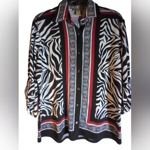 Peck & Peck Womens Zebra Print Button-Up Shirt Size L Office Workwear Colorful